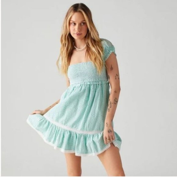 UO Marseille Gingham Smocked Mini Dress - Picture 1 of 4
